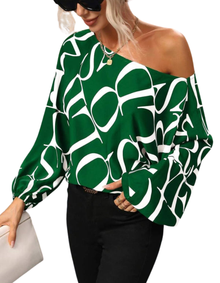 SHOPIQAT Women's Alphabet Print One Shoulder Loose Balloon Sleeve Top - Premium from shopiqat - Just $7.250! Shop now at shopiqat